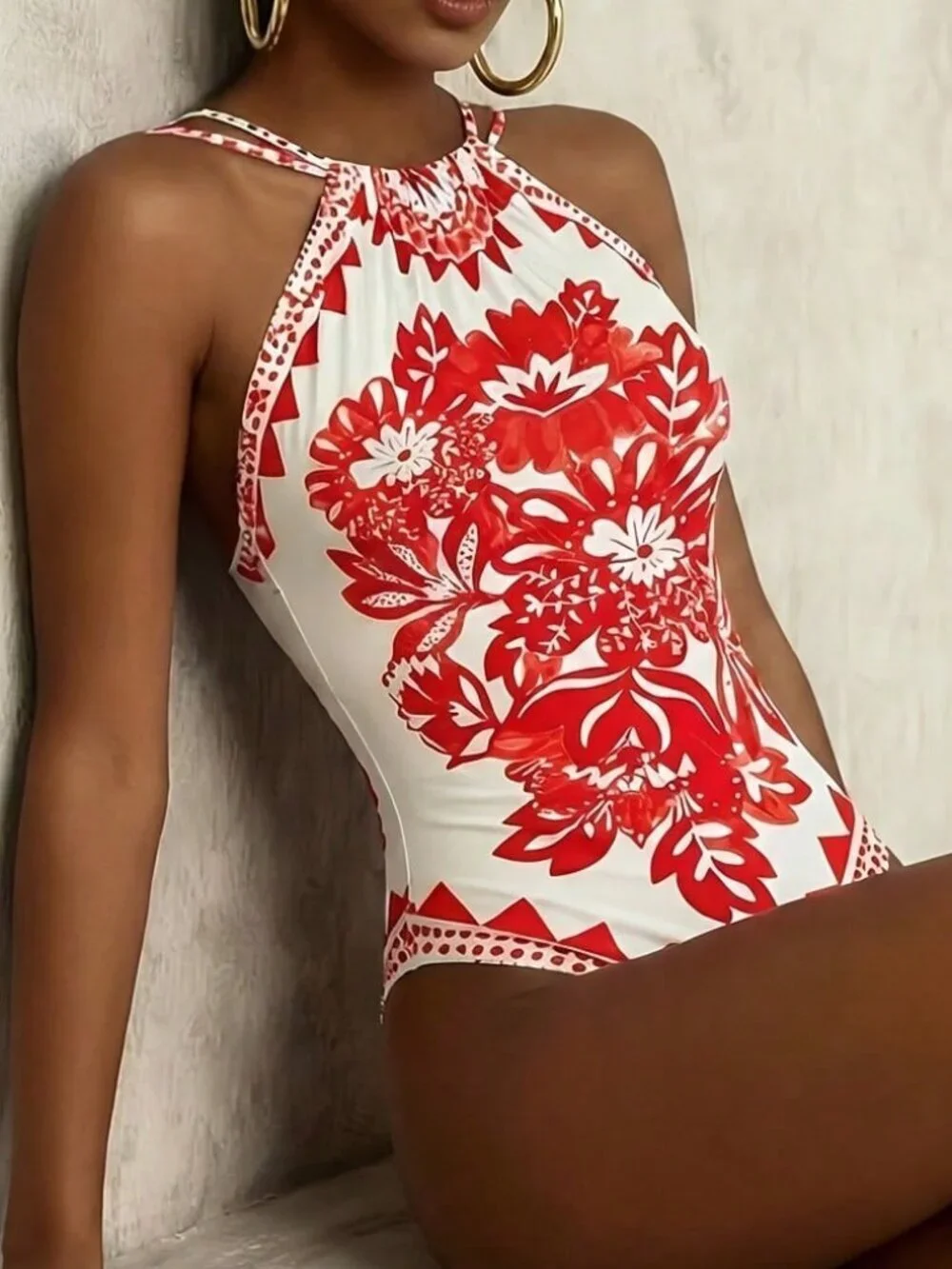 Red Sexy Women's One-Piece Bohemian Floral Print Backless Swimsuit